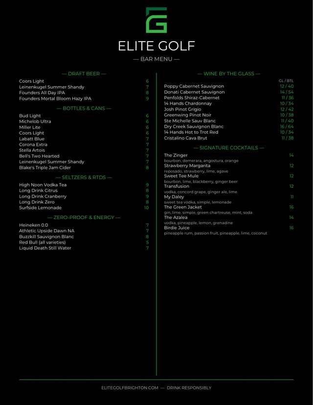 Elite Golf bar menu on black with green headers: draft beer, bottles and cans, seltzers, wine by the glass and signature cocktails