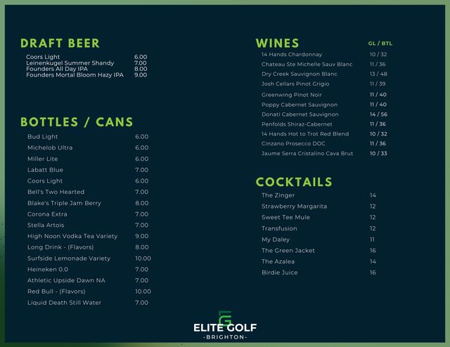 Landscape Elite Golf bar menu in dark navy and lime green, laid out for a display board