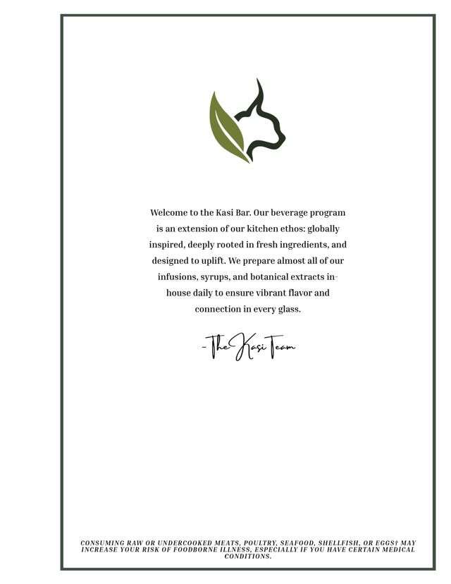 Kasi bar menu cover with the leaf-and-kudu logo and a welcome note