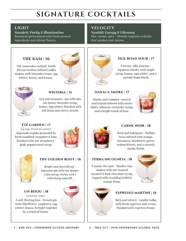Signature cocktails page: Light and Velocity columns with illustrated drinks and prices