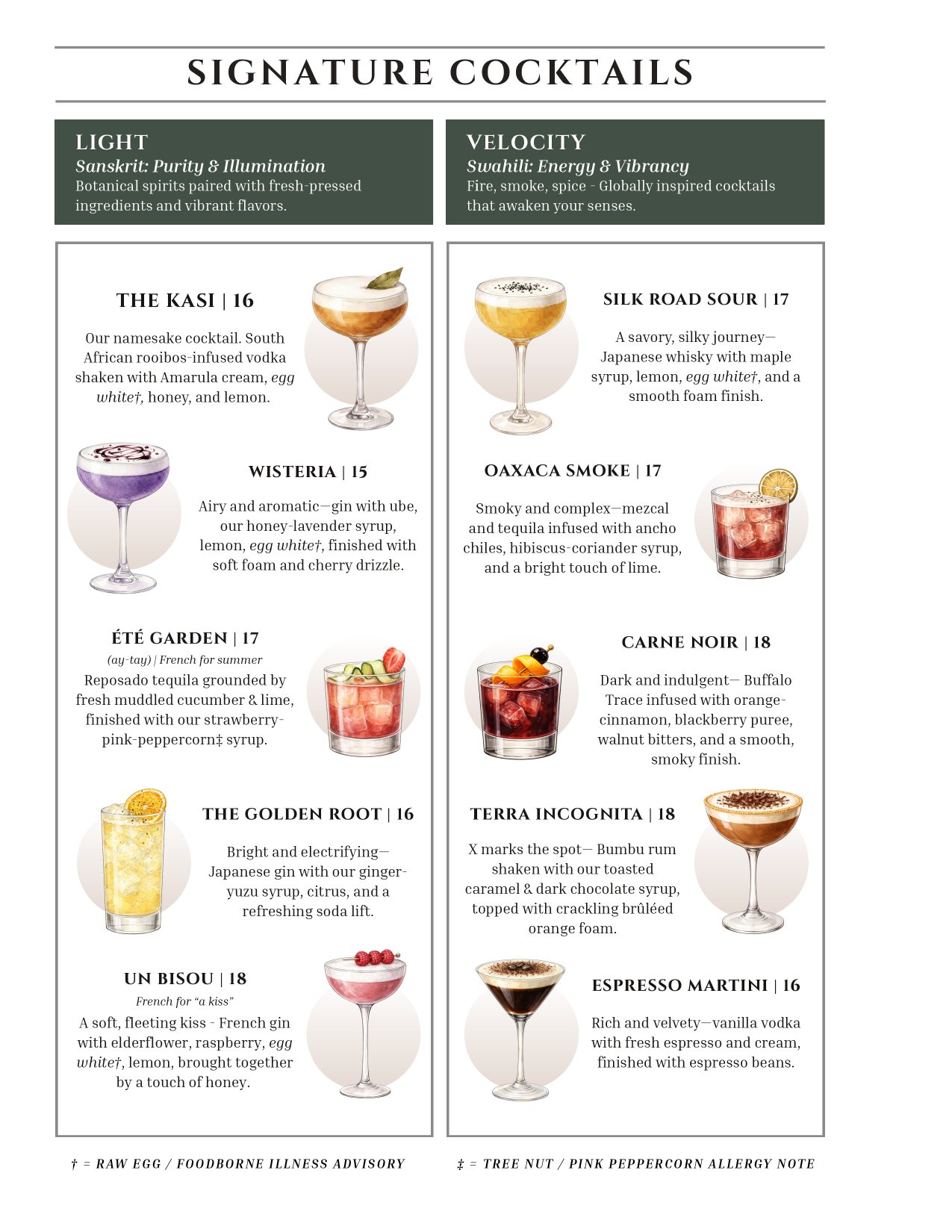 The Kasi signature cocktails menu page, with forest-green Light and Velocity headers over illustrated drinks