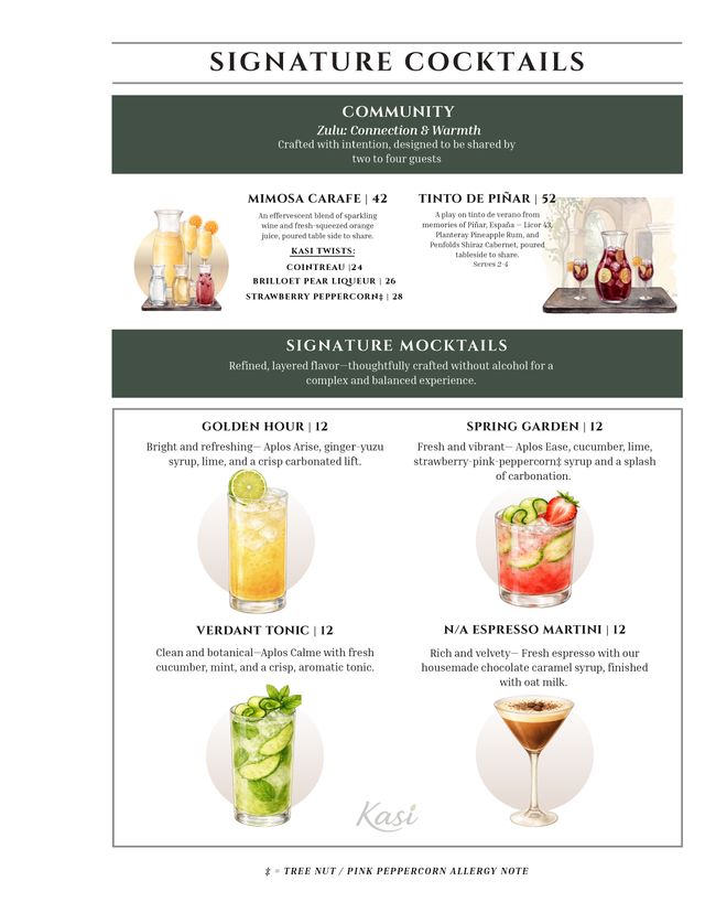 Community carafes and signature mocktails page with illustrated shareable drinks