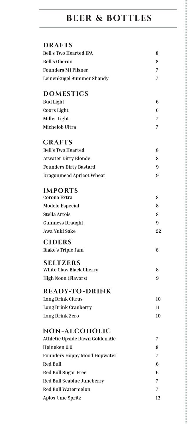 Beer and bottles page listing drafts, domestics, crafts, imports, ciders, seltzers and non-alcoholic options