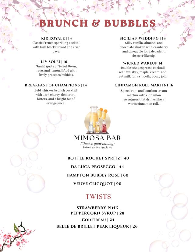Brunch and Bubbles menu with cherry blossom borders, six brunch cocktails, a mimosa bar and add-on twists